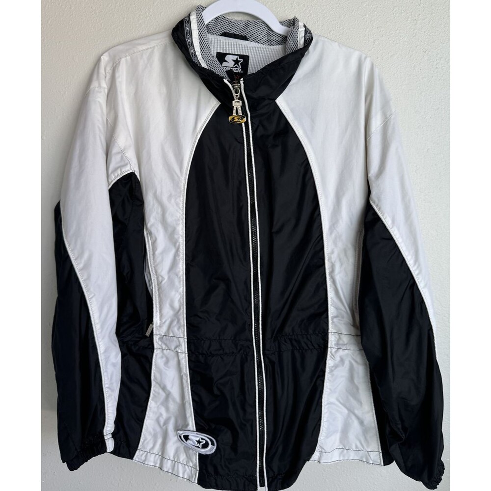 Vintage Starter Windbreaker Jacket Womens Medium Black White Colorblock Full Zip